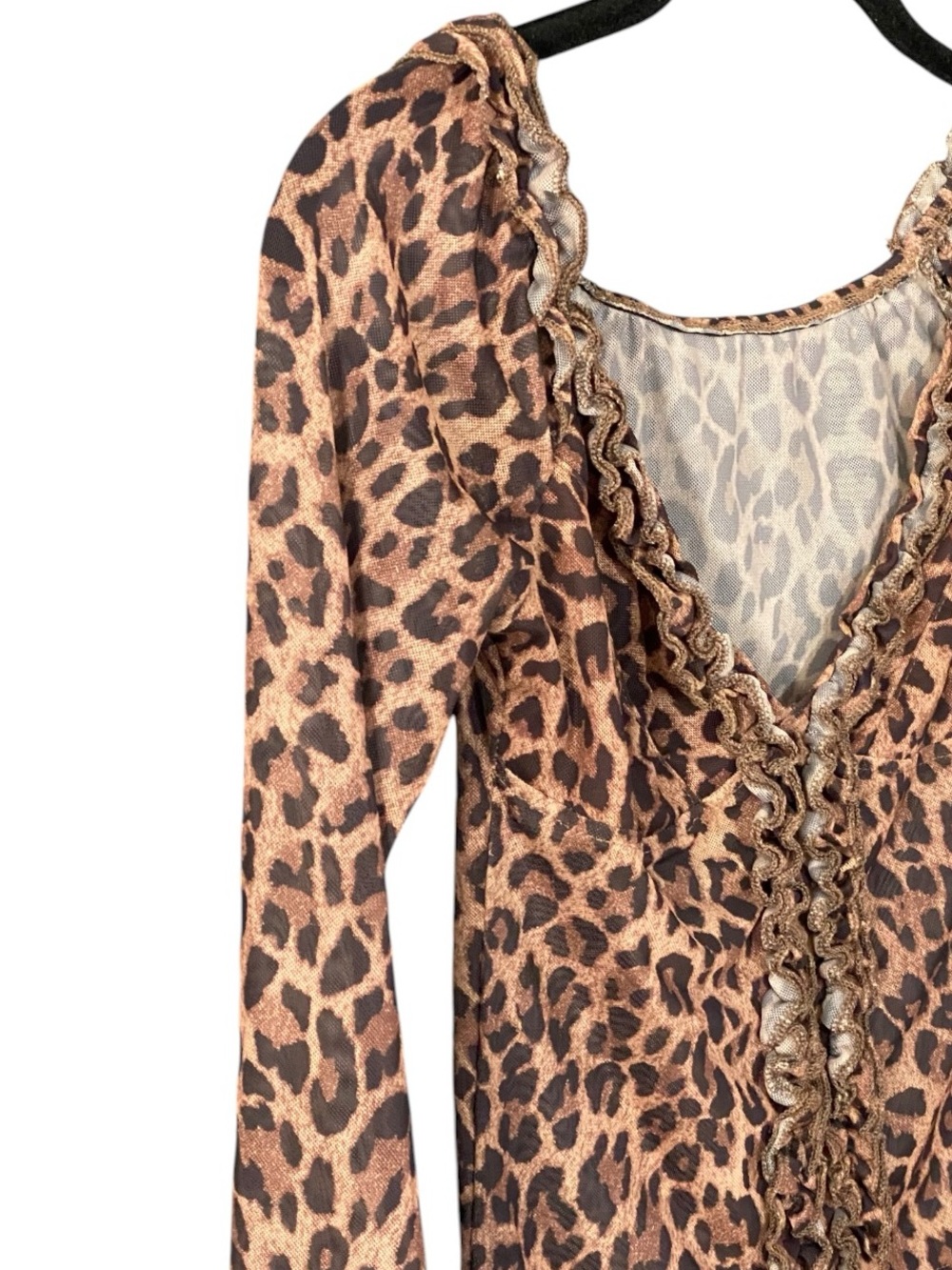 Y2K Leopard Mesh Top XS Off Shoulder Bell Sleeve Fairy Grunge Indie Sleaze - Picture 7 of 11